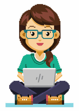 Mujer pixelada trabajando en una computadora port&aacute;til, trabajo remoto, trabajo desde casa
