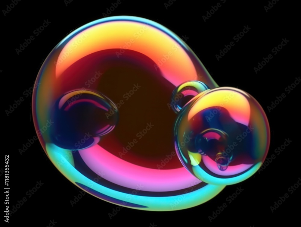 Poster colorful 3d render of iridescent bubbles with smooth surface and captivating reflections against a d