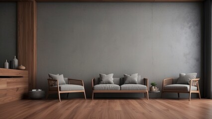 Minimal brown chairs and concrete wall in empty wall living room interior, wooden floor