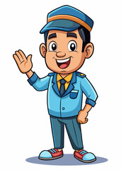 Male bus conductor waving hand to customers, bus driver greeting passengers, vector illustration of public transport worker in uniform.

