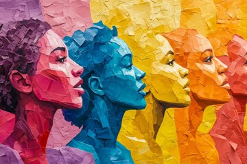 People, collage and creative art made of paper for human rights, protest or riot against war. Colourful, vibrant pop and creative graphic design poster for background, wallpaper an, Generative AI