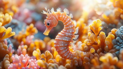 Obraz premium A tiny seahorse amidst vibrant coral reef, sunlit underwater scene.