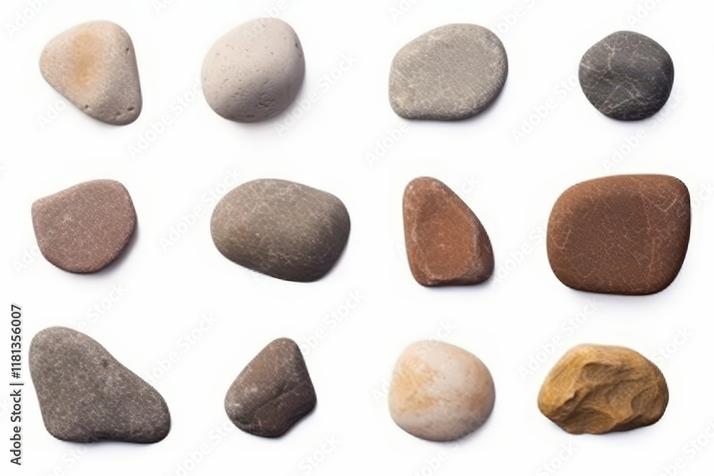 Poster isolated set of unique natural stones displayed in various textures and shapes on a clean background
