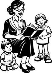 Madre o maestra leyendo un libro a los niños