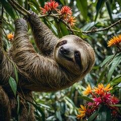 Fototapeta premium A sloth hanging lazily from a tree in a tropical rainforest filled with lush greenery and colorful flowers.