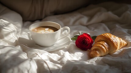 Romantic sunrise breakfast bed coffee rose croissant