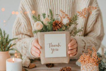 A charming thank you note on a rustic wooden table, featuring ‘Thank You’ in serif font and delicate leaf decorations.