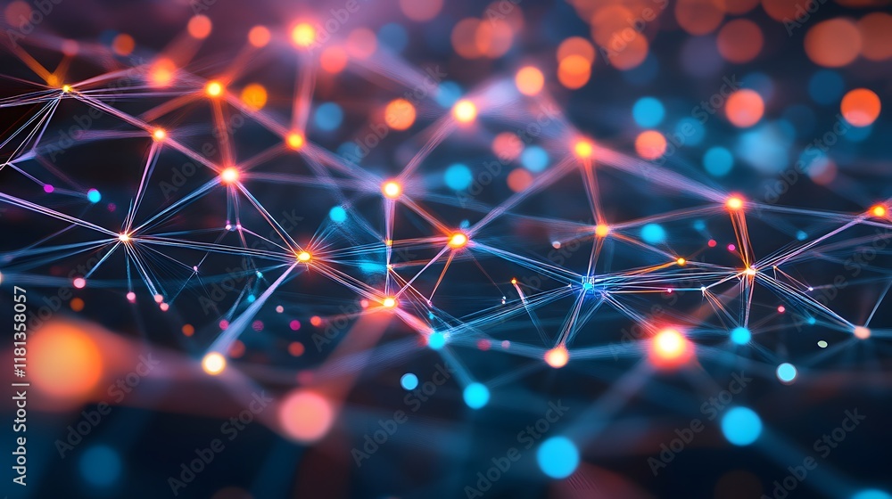 Poster colorful digital network nodes, vibrant abstract connections illustrating data flow and technology t