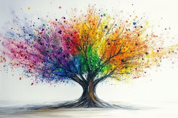 Vibrant Tree with Colorful Splash of Rainbow Hues in Artistic Style