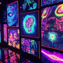 A vibrant NFT gallery showcasing digital art on glowing displays.