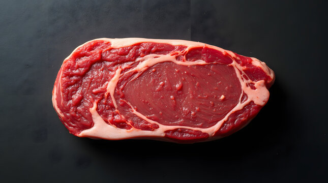 Gran pieza de carne de res cruda sobre un fondo negro oscuro con espacio para texto, ideal para anuncios de carnicer&iacute;as, dise&ntilde;o de empaques de alimentos y fotograf&iacute;a culinaria de alta calidad .