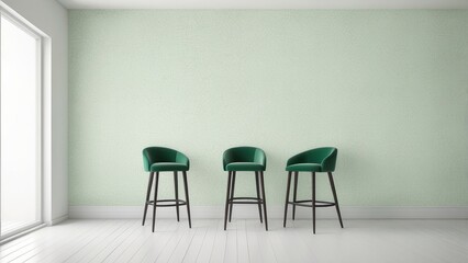 Minimalist empty room with green barstool chair, on white wall pattern background