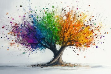Vibrant Tree Artwork with Splashes of Colorful Green Purple and Orange