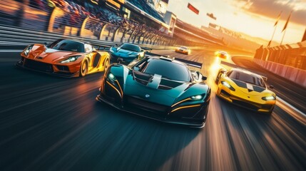 Fototapeta premium colorful supercars racing on a modern race track. Day, summer