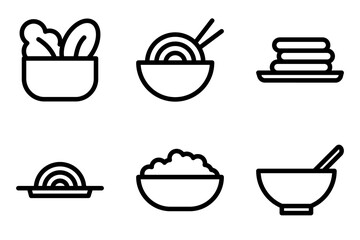 food and meal icon set. salad bowl, noodle bowl, pancake stack, pasta, rice bowl and soup bowl icons