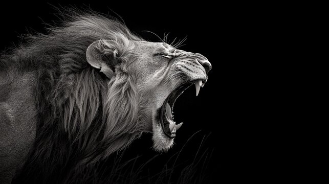 Roaring male lion in monochrome profile.