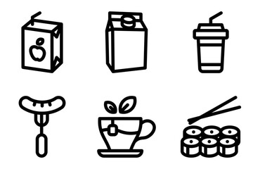 juice box, milk carton, milkshake, sausage, tea cup and sushi roll icon vector template. 