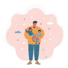 Cartoon vector illustration of happy father with a son and a daughter.