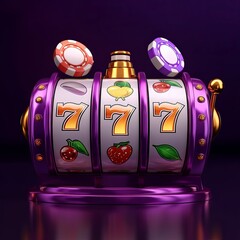 Vivid slot machine with spinning reels and gold accents, jackpot 777 display, glowing purple background, casino mobile game artwork