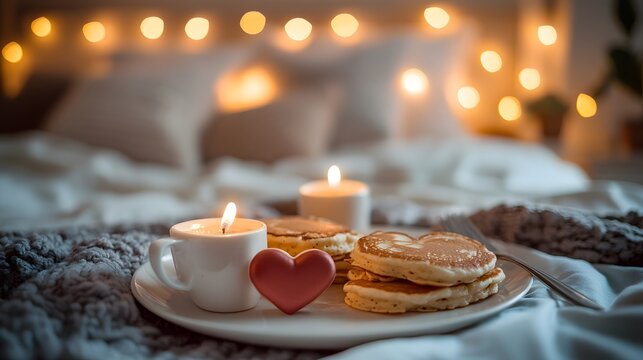 Romantic bedroom breakfast pancakes, candles, heart