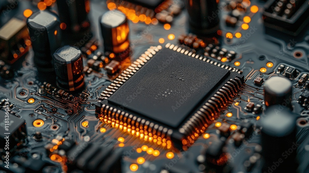 Poster close-up of circuit board: intricate details of microchip and electronic components