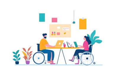 A wheelchair-user presenting an innovative idea to their team in a bright workspace.