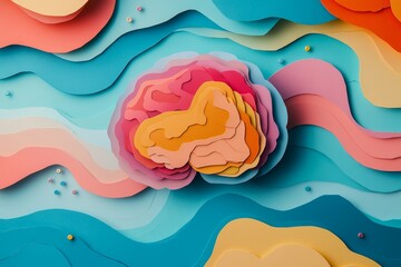 Brain, collage art and creative artwork made of paper neurodivergent, neuroscience and ADHD or autism. Colourful, vibrant pop and creative graphic design poster for background, Generative AI