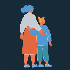 Cartoon vector illustration of a Mother hug Her Daughter. Rear view on dark background.