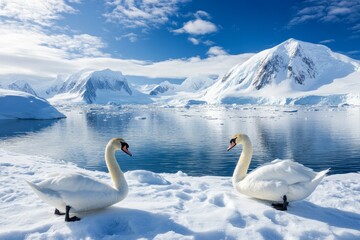a few swans on the snow, there is a small lake in the middle scene.