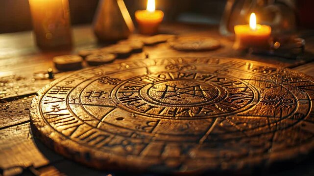 divination cards, runes and candles. Selective focus