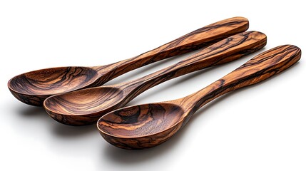 Set of three wooden cooking spoons arranged neatly and isolated on a plain white background highlighting their natural grain and rustic appeal