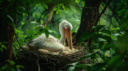 In the green forest, a pelican sleeps in its nest.