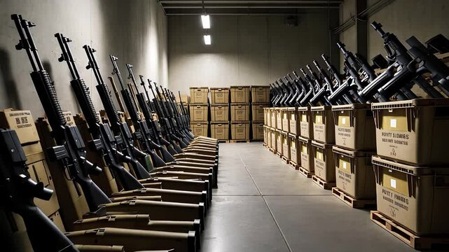 Storage Room Filled with Rifles and Ammunition Boxes Neatly Organized Under Bright Industrial Lighting

