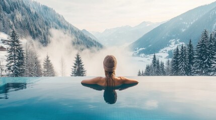 Woman relaxing in hot water pool outdoor in snow-covered winter landscape, tourist attraction in the spa and wellness center