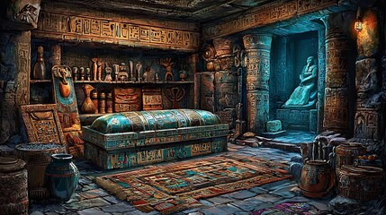 An Enigmatic Depiction of an Ancient Egyptian Tomb Interior, Rich with Hieroglyphs, Artifacts, and a Serene Statue.