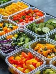 A vibrant array of freshly chopped vegetables is neatly organized in clear containers. Bright colors include yellow bell peppers, red tomatoes, cucumbers, and more. Ideal for meal prep