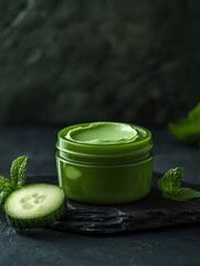 A vibrant green cream sits in a small jar next to sliced cucumber and fresh mint leaves on a dark stone surface, showcasing natural beauty products for skincare