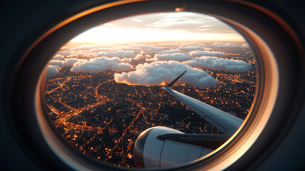 Fototapeta premium Aerial Cityscape at Sunset: A Breathtaking View from Above