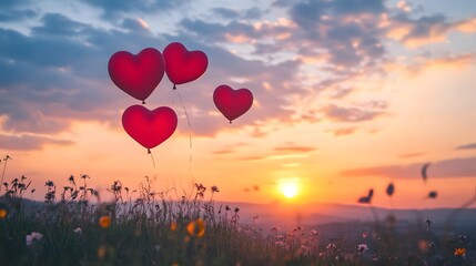 Fototapeta premium Red heart balloons sunset field romance