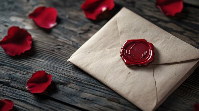 Sealed love letter, wood background, rose petals, romance