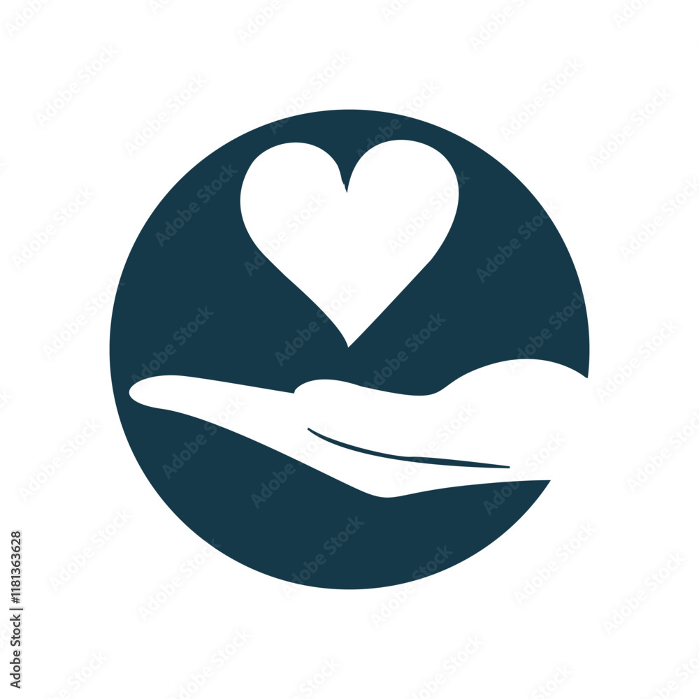 Poster the image shows a flat logo design that depicts a round shape in blue color with a love shape and a 