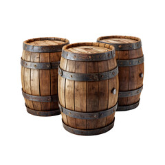 Obraz premium Aged Oak Barrels: Three rustic wooden barrels with metal hoops, a timeless symbol of tradition and craftsmanship. Perfect for rustic, historical, and vintage themes.