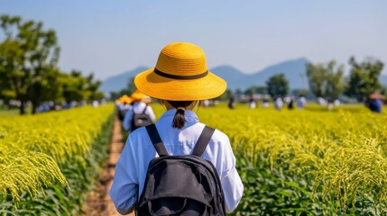 Woman in Yellow Sun Hat Walking Through Golden Millet Field