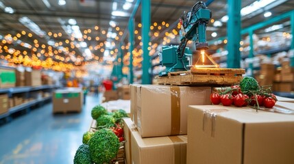 Obraz premium Automated robotic arm packaging fresh produce in warehouse distribution center