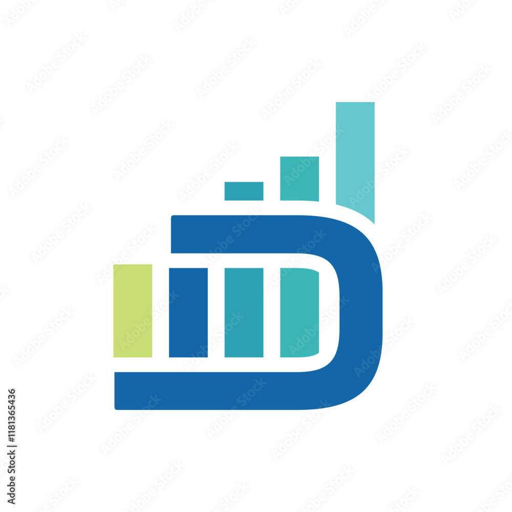 Poster the image shows a flat monogram logo design of an initial letter d in blue color with a of graph bar