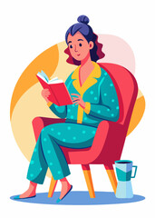 Calm woman in nightwear sitting on couch reading novel at home.