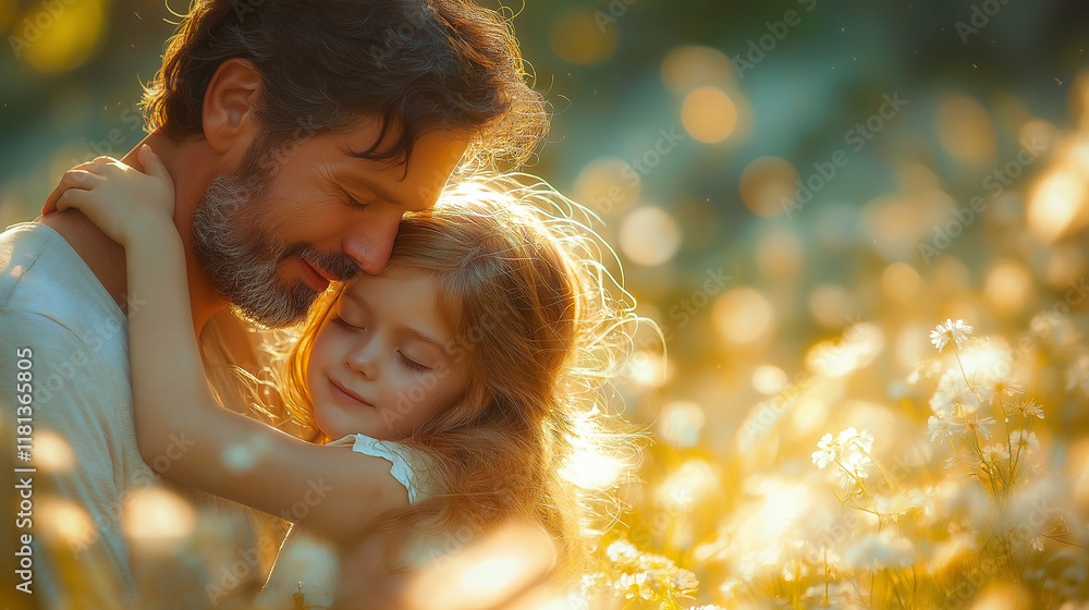 Wall mural A heartfelt and emotional hug between a father and daughter in a peaceful outdoor setting, capturing the deep bond between them.