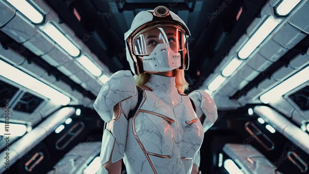 Poster futuristic humanoid robot in high-tech control center
