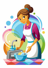 Woman washing dishes in sink. Female domestic worker cleaning kitchenware, home chores, household routine, kitchen activities.