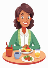 Mujer joven comiendo en la mesa, personaje aislado sobre fondo blanco. Mujer disfrutando de una comida, ilustración vectorial.